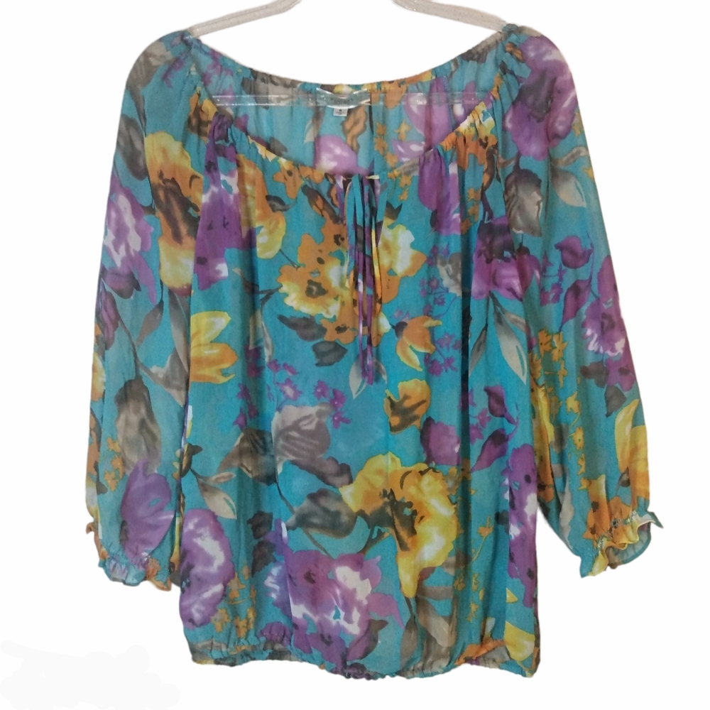 Anthropologie Pleione Top 3/4 ruffle sleeve semi sheer turquoise floral Size S